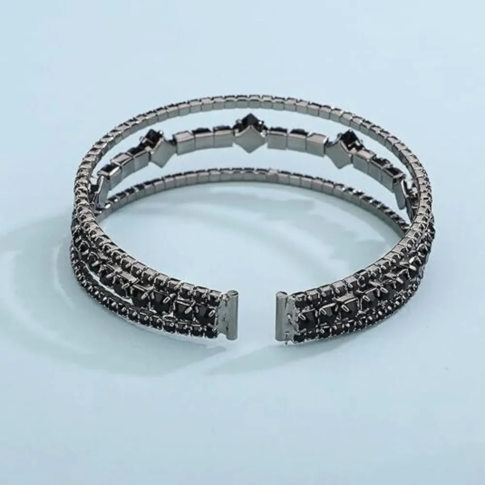 Vintage Elegant Black Multi Row Crystal Pearl Cuff Rhinestone Bridals Crystal